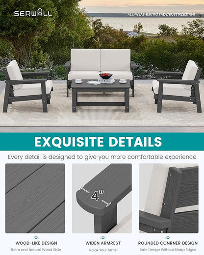 SERWALL HDPE Outdoor Furniture Set 4, All Weather Wood-Like Outdoor Sofa Sectional Couch, Grey Patio Furniture Set with Khaki Cushions