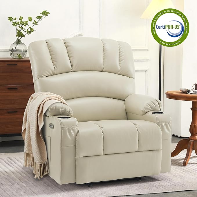 MCombo Oversized Power Lift Recliner Chair for Elderly, Lift Chair with Heat and Massage, Lift Recliner for Big and Tall, Cup Holders, USB &Type C Ports, Faux Leather R7092 (Cream White, Oversize)