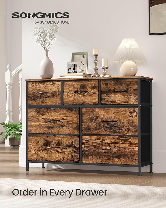 SONGMICS Dresser for Bedroom, Chest of Drawers, Steel, MDF, 7 Non-Woven Fabric Drawers, Storage Organizer Unit, Closet, Entryway, Rustic Brown and Ink Black ULGS323BH04