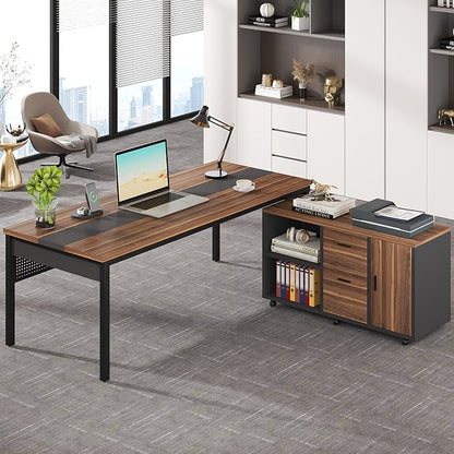 Tribesigns 71 inch Executive Desk, L Shaped Desk with Mobile File Cabinet, Executive Office Table with 2 Drawers and Storage Shelves, Business Furniture Workstation for Home Office, Walnut and Black