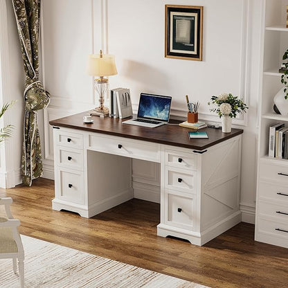 EnHomee 58" W Farmhouse Executive Desk with Drawers, Wood Home Office Desks with Power Outlets, Rustic Computer Desk with Storage Cabinet for Working, Studying, Writing, White + Brown