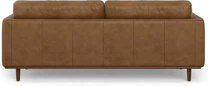 SIMPLIHOME Morrison 89-inch Wide Sofa in Caramel Brown Top Grain Genuine Leather, Mid-Century Modern Design Couch for Living Room, Single Bench Cushion, 2 Back Cushions, 2 Bolster Pillows