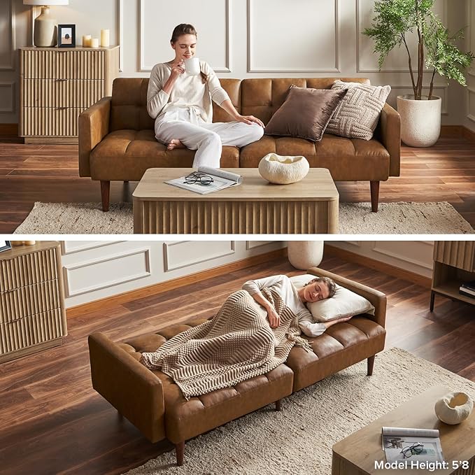 mopio Aaron 76.8" Couch, Small Futon Sofa Bed, Sleeper, Loveseat, Mid Century Modern Futon Couch, Sofa Cama, Couches for Living Room, Bedroom (Light Gray, Fabric)