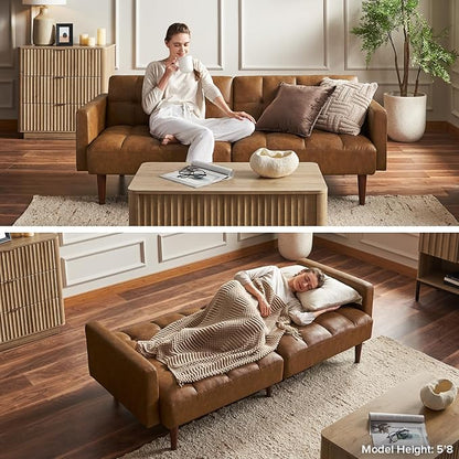 mopio 76.4" Futon Sofa Bed, Couch, Loveseat, Sleeper Sofa, Mid Century Modern Futon Couch, Sofa Cama, Couches for Living Room (Aaron PU, Sage Green)