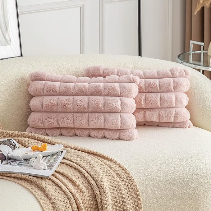 Neelvin Pink Faux Fur Cozy Soft Plaid Decorative Throw Pillow Covers 12x20 inch Set of 2,Velvet Pillowcase Cushion Case for Sofa Couch