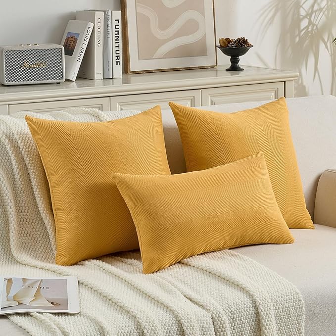 FUTEI Mustard Yellow Chenille Throw Pillow Covers 22x22 Inch Set of 2,Soft Wide Chevron Textured Cushion Case,Farmhouse Home Decor for Couch Bed Living Room