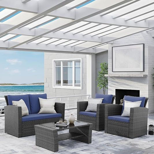 Wisteria Lane 4 Piece Patio Furniture Set, Wicker Outdoor Patio Conversation Furniture Set, All Weather Outdoor Patio Sofa with Cushion and Glass Table, Blue