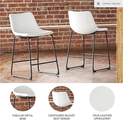 Signature Design by Ashley Centiar Casual Bucket Seat Dining Upholstered Bar Stool with Black Metal Base, Set of 2, Faux Leather, 23.75" Seat Height, White