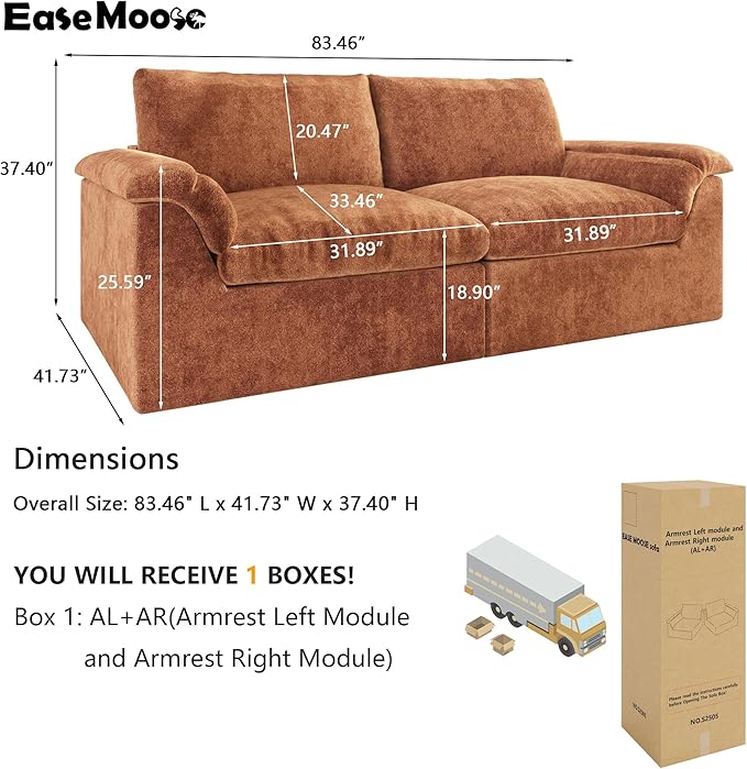 EASE MOOSE Oversized Boneless Couch for Living Room, Sectional Cloud Sofa, Modular Cloud Couch Loveseat, 2-Seat Deep Sofas with Pillow for Bedroom, Apartment, No Assembly Required, Chenille (Brown)