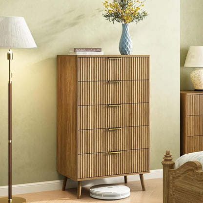 CARPETNAL Fluted 5 Drawers Dresser for Bedroom, 45" Tall Wooden Chest of Drawers with Rounded Corners, Gold Handles, Modern Storage Organizer for Bedroom, Hallway (Walnut)