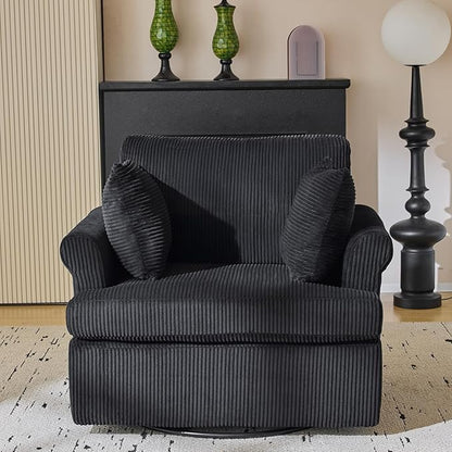 Karl home Swivel Accent Chair Set of 2, 39" Oversized Armchair W/2 Pillows and 4 Pockets,Modern Corduroy Barrel Chairs,Comfy Single Sofa for Living Room,Reading,Bedroom and Office-Black