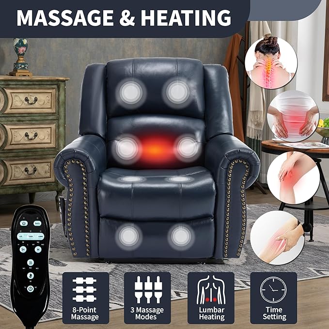 Recliner Chairs for Adults, Oversized Bedroom Chair with Massage, Sofa Chair Home Theater Seating with Lumbar Support, Lift Chair for Elderly, Nursery Chair for Living Room (Genuine Leather)