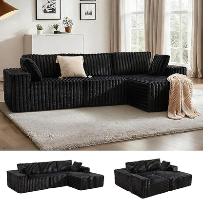 Apicizon 113" Modular Sectional Couch for Living Room, L Shaped Sectional Sofa Couch with Deep Seat, Boneless Sleeper Sofa with Chaise Longue for Apartment，No Assembly Required (Plush Corduroy Black)