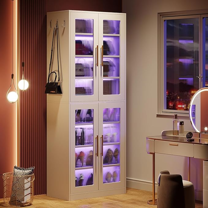 Tribesigns Tall Shoe Storage Cabinet with Acrylic Doors and LED Lights, 8-Tier Entryway Shoe Organizer Rack with Adjustable Shelves and Hanging Hooks for Narrow Closet, Hallway, Living Room, White