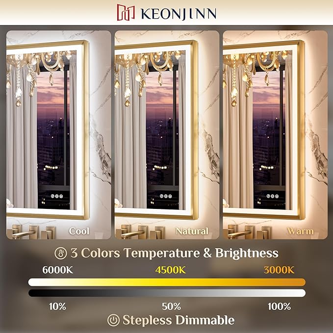 Keonjinn 40” x 32” LED Mirror for Bathroom with Frontlit & Backlit, Brushed Gold Framed Mirror with Lights, Anti-Fog, Stepless Dimmable 3 Color Lights, Tempered Glass(Horizontal/Vertical)