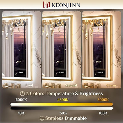 Keonjinn 40” x 32” LED Mirror for Bathroom with Frontlit & Backlit, Brushed Gold Framed Mirror with Lights, Anti-Fog, Stepless Dimmable 3 Color Lights, Tempered Glass(Horizontal/Vertical)