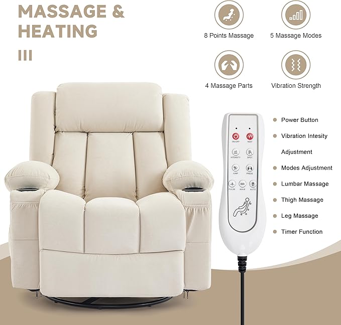 Power Swivel Rocker Recliner Chair with Heat and Massage, USB and Type-C Charging Port, Electric Glider Rocking Chairs, Oversized Recliner Chairs for Adults(Fabric, Beige)