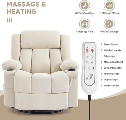 Power Swivel Rocker Recliner Chair with Heat and Massage, USB and Type-C Charging Port, Electric Glider Rocking Chairs, Oversized Recliner Chairs for Adults(Fabric, Beige)