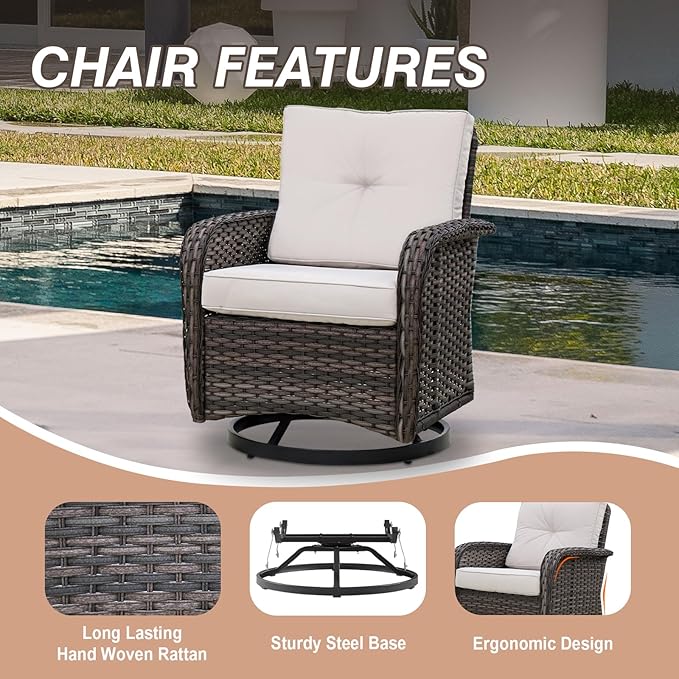COOS BAY Vintage Courtyard Patio Furniture Set, Wicker Outdoor Furniture, Patio Conversation Sets, 2 Chairs, 2 Swivel Rockers, Loveseat, Coffee Table and Side Table, 7 Pieces, Gray/Beige