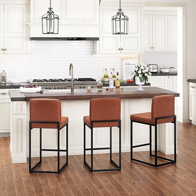 PHI VILLA Bar Stools Set of 2 - Counter Height 24'' Bar Stool Pu Leather Kitchen Modern Bar Chairs, Bar Stools with Back