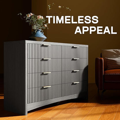 Marsail Fluted 8-Drawer Wide Wooden Dresser, Smooth Gliding Drawers & Large Capacity Storage Space, Modern Organizer Cabinet for Bedroom or Hallway, Light Grey