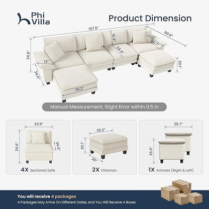 PHI VILLA Cloud Modular Couch Sets, 157.5" Sectional Sofa with U-Shaped Chaise Ottoman, 6-Seater Couches with Upholstered Deep Seat for Living Room, Chenille Corduroy Dual Fabric, Beige