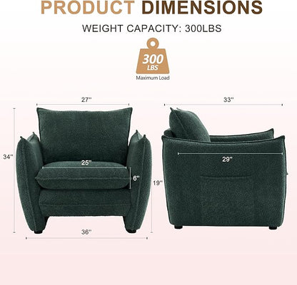 Oversized Accent Chair, Modern Single Sofa Cloud Chairs with Removable Pillow, Deep Seat Comfy Armchair for Living Room Bedroom Reading Nook - Upholstered Lounge Chair (Green, Set of 2)