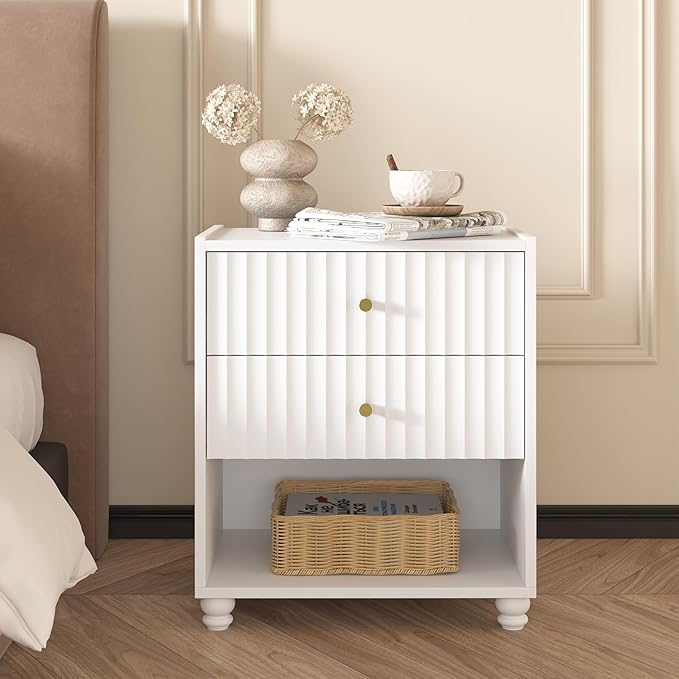 Modern Nightstand Set of 2, Fluted End Table with Open Shelf, Night Stand with 2 Drawers for Bedroom (2,White)