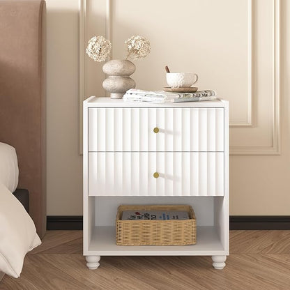 Modern Nightstand Set of 2, Fluted End Table with Open Shelf, Night Stand with 2 Drawers for Bedroom (2,White)