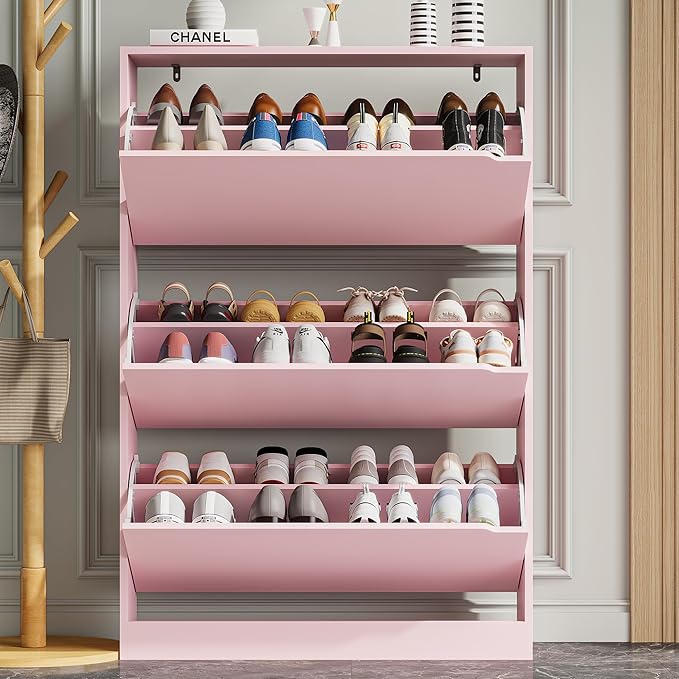 Shoe Storage Cabinet for Entryway with 3 Flip Drawers, Sturdy Wood Hidden Shoe Storage, Freestanding Narrow Slim Shoe Organizer for Front Door Entrance, Living Room, Hallway, Bedroom, Pink