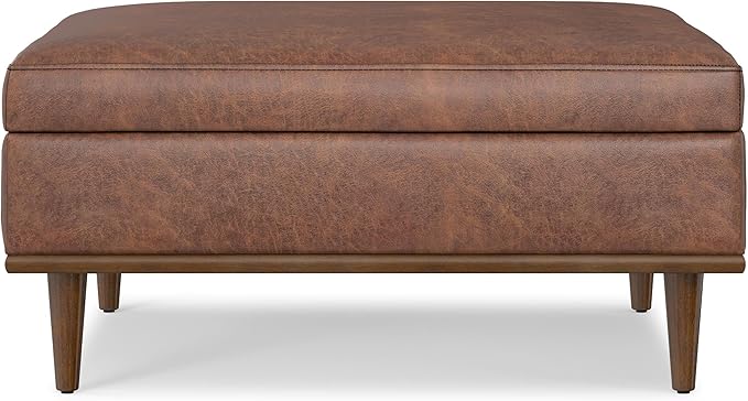 SIMPLIHOME Shiloh 38 inch Wide Transitional Contemporary Square Storage Ottoman in Distressed Saddle Brown Vegan Faux Leather, Assembled, for The Living Room, Entryway and Family Room