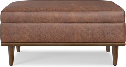 SIMPLIHOME Shiloh 38 inch Wide Transitional Contemporary Square Storage Ottoman in Distressed Saddle Brown Vegan Faux Leather, Assembled, for The Living Room, Entryway and Family Room
