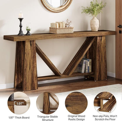 Tribesigns 70.9-Inch Long Console Table, Farmhouse Entryway Table with Storage, Narrow Sofa Console Behind Couch with 4 Stable Bases for Living Room, Entrance, Hallway (Rustic Brown)