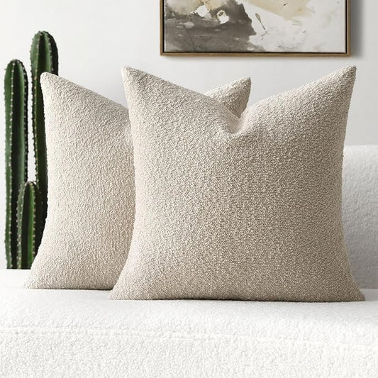 FUTEI Pack of 2 Oatmeal Decorative Throw Pillow Covers 22x22 Inch Soft Cozy Solid Boucle Textured Cushion Case,Modern Home Decor for Couch Bed Living Room