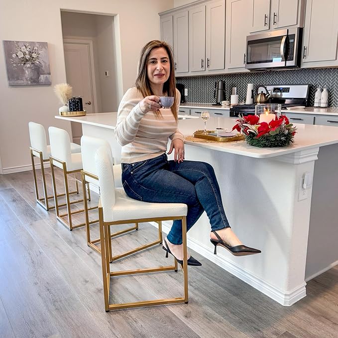 ALPHA HOME 24 Inch Bar Stools Set of 4, Kitchen Counter Stools with Backs, PU Leather Barstools, White Bar Stools with Upholstered Footrest, Sturdy Chromed Metal Steel Frame, Off-White