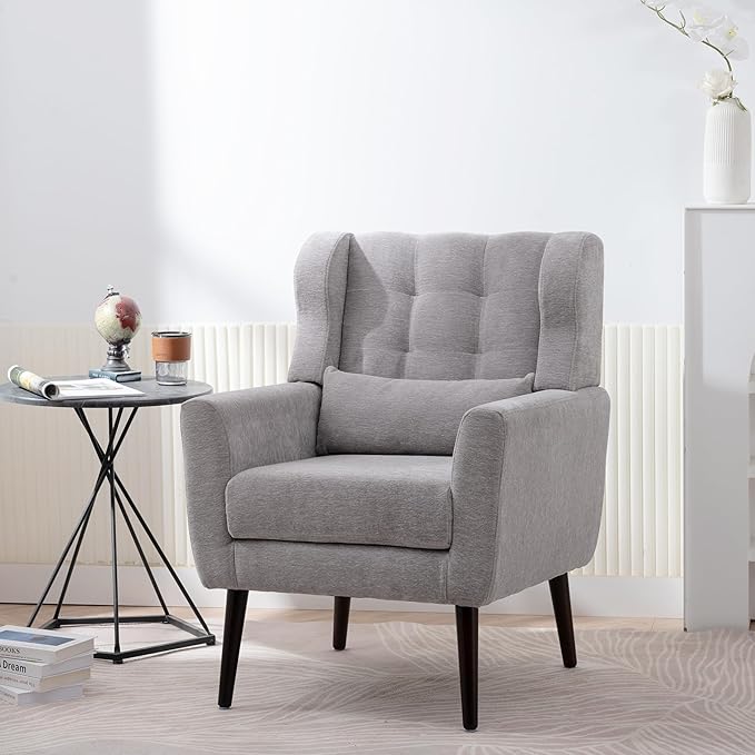 Accent Chair, Comfy Upholstered Living Room Chairs with High Tufted Backrest and Pillow, Wingback Reading Chair with Solid Wood Legs for Bedroom/Office, Chenille Fabric, Grey