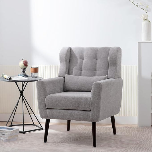Accent Chair, Comfy Upholstered Living Room Chairs with High Tufted Backrest and Pillow, Wingback Reading Chair with Solid Wood Legs for Bedroom/Office, Chenille Fabric, Grey