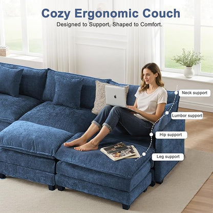 U-Shaped Cloud Chenille Sectional with 2 Ottomans, 146" Modular Sofa for Large Spaces, Ultimate Comfort with Deep Seats & Pillows, Solid Frame, 1YR Warranty