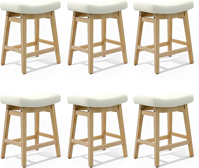 Counter Height Bar Stools Set of 6 for Kitchen Island Modern Barstools with Upholstered Faux Leather Backless Seat and Solid Wood Legs, 24 inch Farmhouse Bar Chairs, White