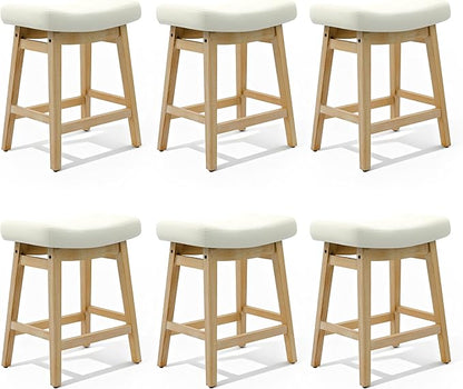 Counter Height Bar Stools Set of 6 for Kitchen Island Modern Barstools with Upholstered Faux Leather Backless Seat and Solid Wood Legs, 24 inch Farmhouse Bar Chairs, White