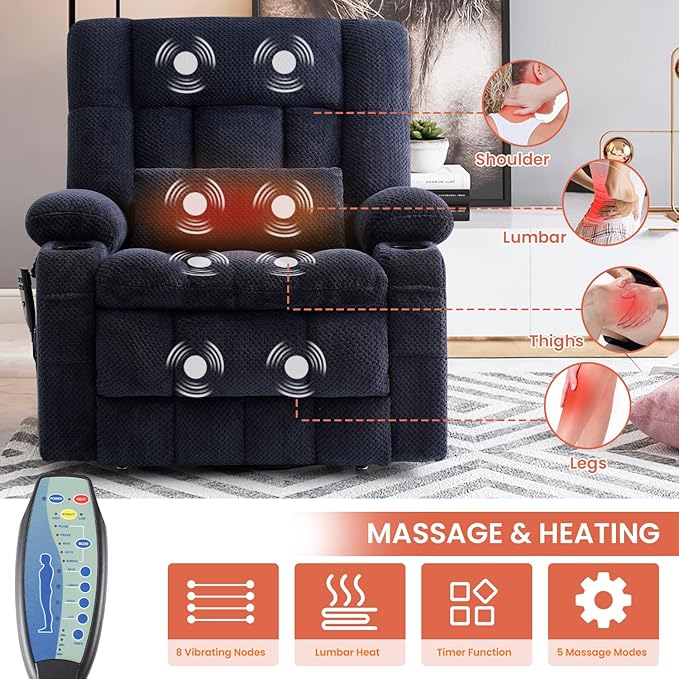 Power Lift Recliner Chair for Adults Oversized Infinite Position Lift Chair for Elderly W/Massage & Heat, Lay Flat Recliner Chair, One-Touch Reset, Cup Holders, Lumbar Pillow, Fabric (Premium, Navy)