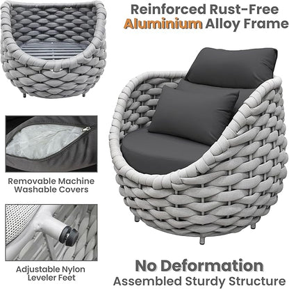 3 Pieces Aluminum Patio Furniture Sofa Sets: Hand Woven Rope Outdoor Conversation Set of 2 - Assembled Modern Cushions Couch Armchair Table Set - All Weather for Indoor Deck Porch Pool Hotel