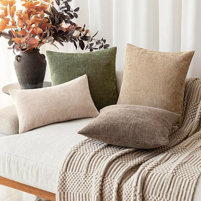 Foindtower Pack of 2 Soft Textured Chenille Throw Decorative Pillow Covers Square Accent Solid Cushion Cover Cozy Neutral Farmhouse Pillow Case for Couch Sofa Bedroom Living Room 18x18 Inch,Dark Green