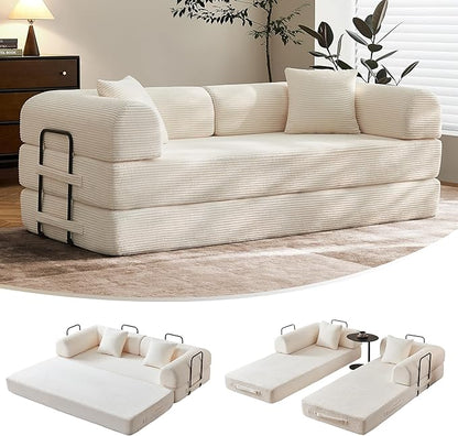 79" Convertible Sofa Bed with Fixed-Shape Frame & Removable Armrests, Modular Corduroy Sleeper Sofa, Folding Mattress Couch for Small Spaces - No Assembly Needed in Beige White (Includes 2 Pillows)