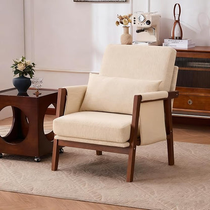 Accent Chair Mid-Century Modern with Lumbar Support Pillow, Upholstered Living Room Chairs with Wooden, Chenille Armchair with Cushion, Anthropologie Side Chair for Bedroom, Beige