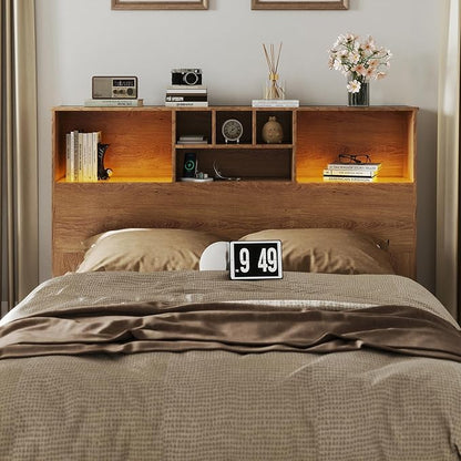 Apicizon 65" Queen Size Storage Headboard, Wood Headboard with Charging Station, Queen with Power Outlets, Ajustable LED Lights for Bedroom, Brown