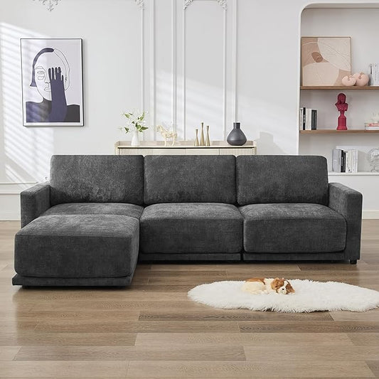 110.6" L-Shaped Modular Sectional Sofa Modern Chenille Comfy Couch with Thickened Seat Cushions, Easy Assembly, Upholstered 4 Seater Couch with Movable Ottoman for Living Room, Grey
