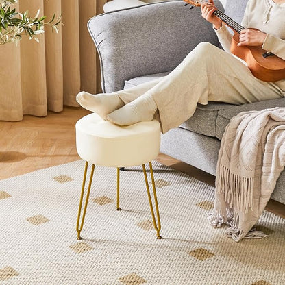 IBUYKE Faux Leather Round Footrest Stool, Makeup Vanity Stool Side Table, PU Dressing Table Seat, Pouf Couch Stool, Golden Steel Legs, White LG-31W