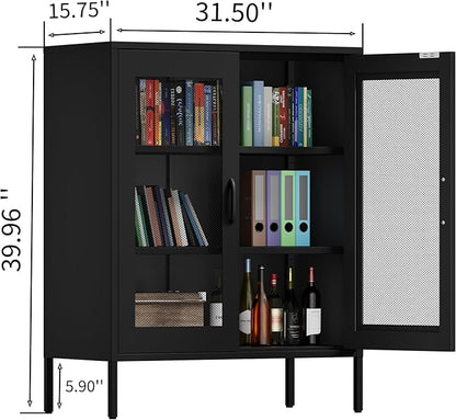 Metal Storage Cabinet with Mesh Doors and Shelves,Multipurpose Storage Rack, 3-Tier Office Cabinet,Metal Locker Style Accent for Home Office,Living Room,Kitchen (Black-mesh, 40''H)
