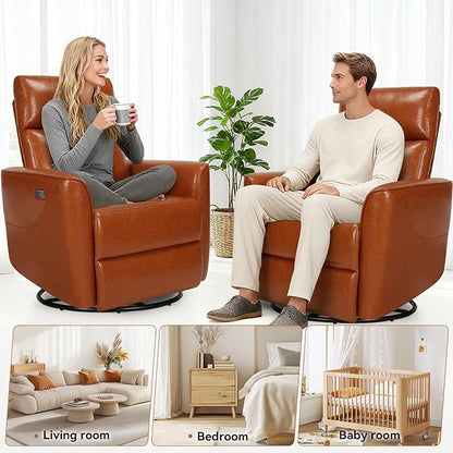 Himimi Power Recliner Chair, Swivel Recliner Chair for Adults, Glider Recliner Nursery Chair with Massage and Heat, Faux Leather, Side Pocket, USB Charging, Living Room, Bedroom, Orange-Brown